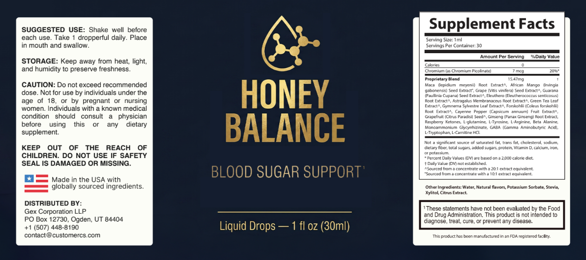HoneyBalance supplement facts and ingredient label showing all 22 plant extracts